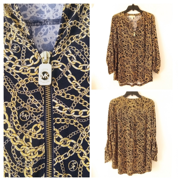 MICHAEL KORS  Logo Zipper Pull Gold Black MK Chain Print Top 1X MSRP $98.00. - Picture 1 of 9